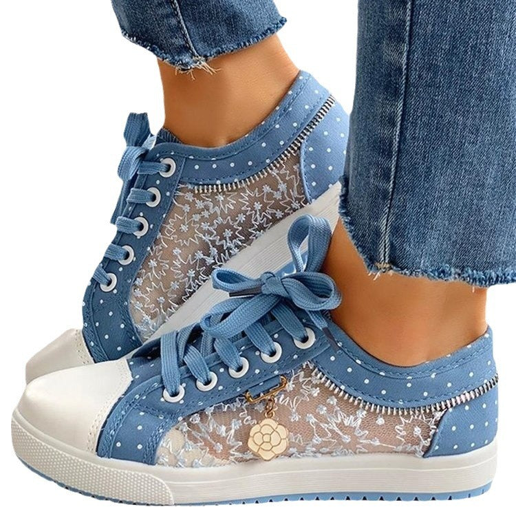 Damen Mesh‑Sneaker mit floraler Stickerei, gepolsterter Plateausohle und Polka‑Dot‑Details Drune