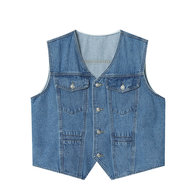 Damen lässige Jeansweste mit Druckknöpfen und zwei aufgesetzten Taschen Drune