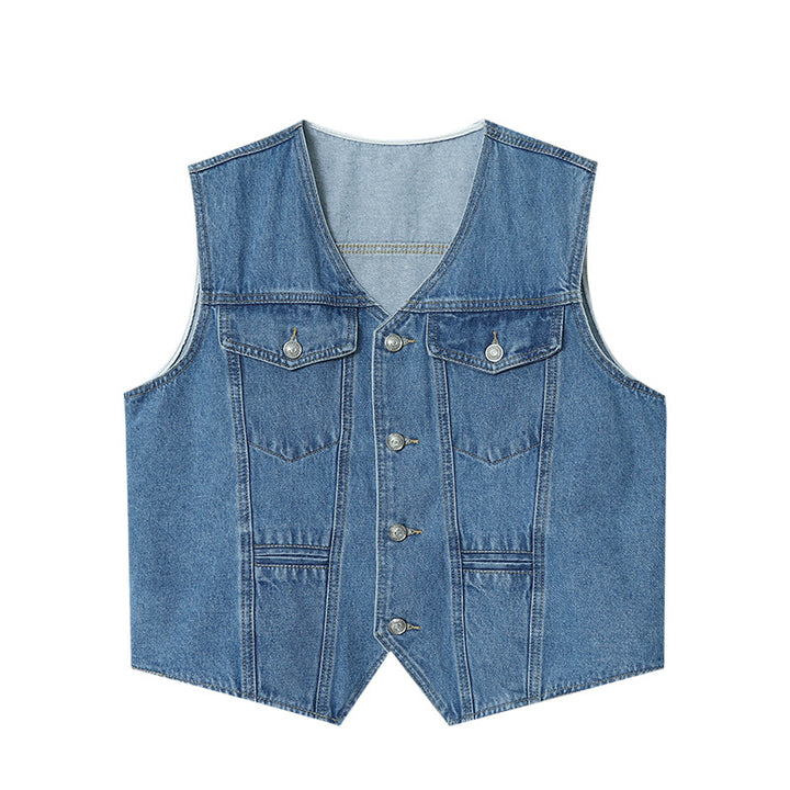 Damen lässige Jeansweste mit Druckknöpfen und zwei aufgesetzten Taschen Drune