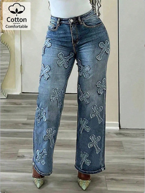 Damen Hochtaillierte gerade geschnittene Jeanshose mit Kreuzapplikationen aus Baumwoll-Jeansstoff Drune
