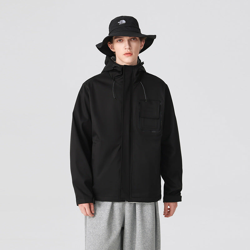 Herren Technische Funktionsjacke mit Kapuze, wasserabweisendem Softshell und Brustklappen-Tasche Drune