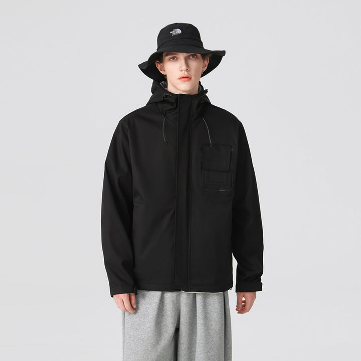 Herren Technische Funktionsjacke mit Kapuze, wasserabweisendem Softshell und Brustklappen-Tasche Drune