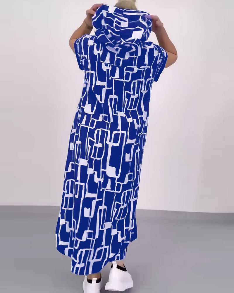 Damen nan urbanes Kapuzen‑Kaftankleid in lockerem Fall mit kurzärmeligem Schnitt und abstraktem Grafikmuster Drune
