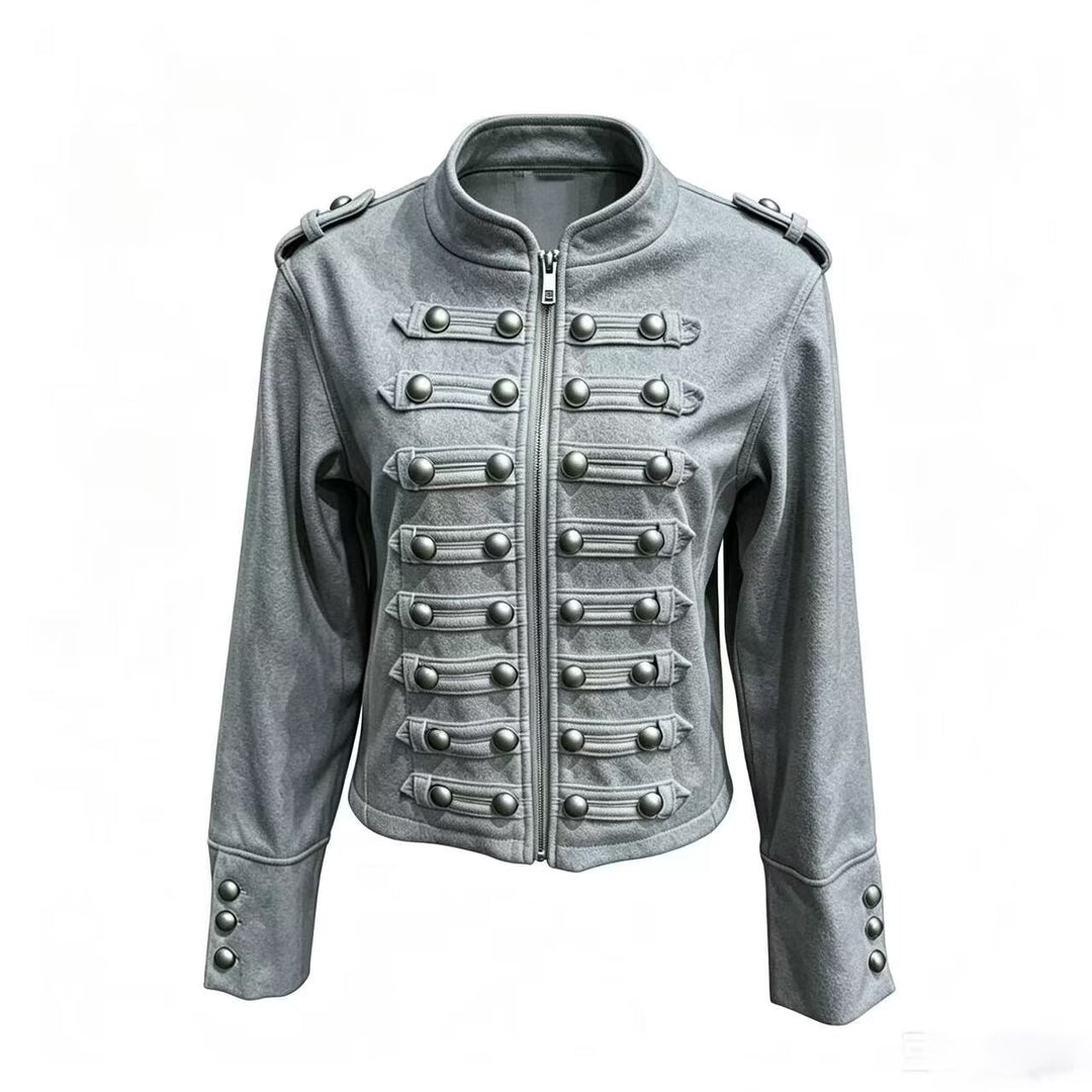 Damen Kurzjacke im Military‑Stil mit Stehkragen, Zierknopfleiste und Schulterklappen Drune