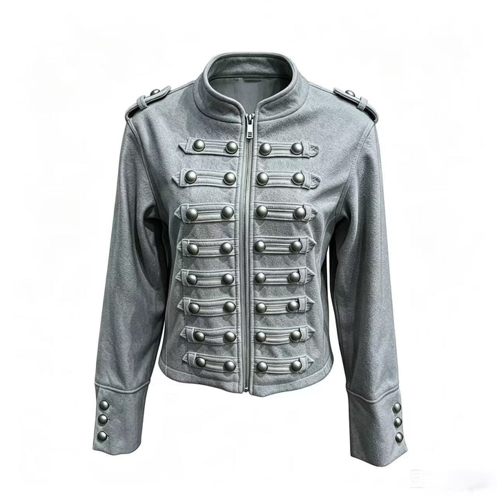 Damen Kurzjacke im Military‑Stil mit Stehkragen, Zierknopfleiste und Schulterklappen Drune