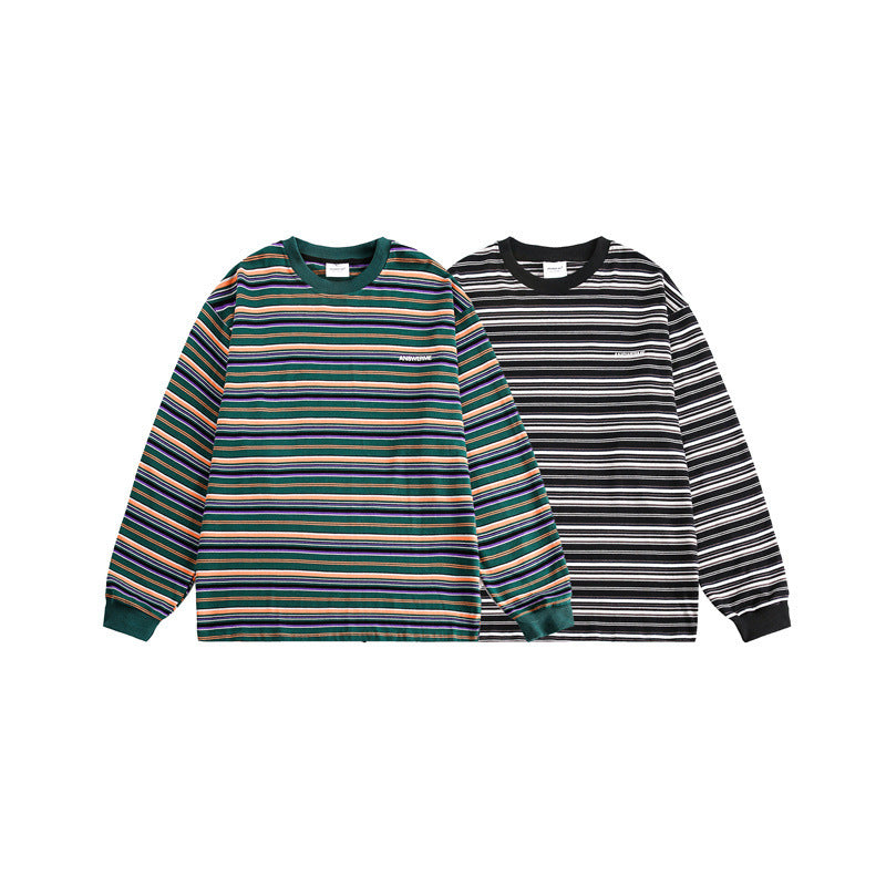 Unisex Oversize-Langarmshirt aus schwerer Baumwolle mit Streifenmuster und geripptem Rundhalsausschnitt Drune