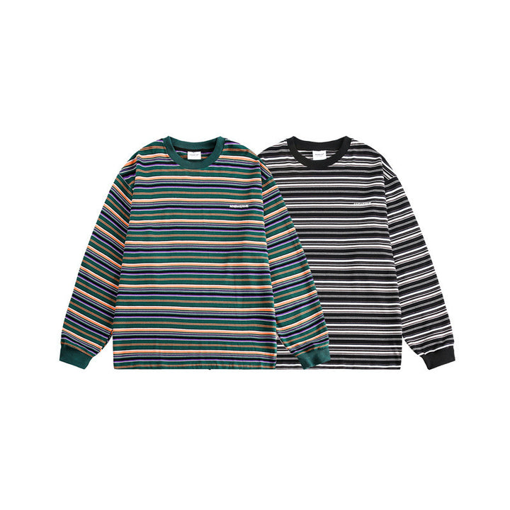 Unisex Oversize-Langarmshirt aus schwerer Baumwolle mit Streifenmuster und geripptem Rundhalsausschnitt Drune