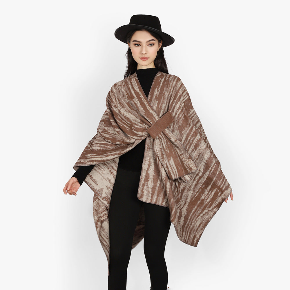 Damen Jacquard-Cape-Überwurf mit strukturierter Wellenoptik, Bindegürtel und asymmetrischem Zipfelsaum Drune