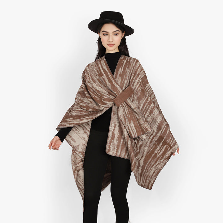 Damen Jacquard-Cape-Überwurf mit strukturierter Wellenoptik, Bindegürtel und asymmetrischem Zipfelsaum Drune