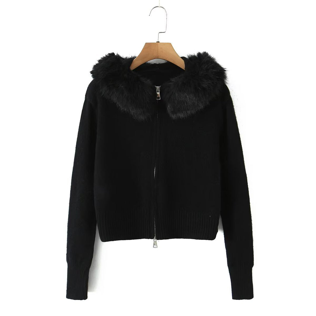 Damen Kurze Strickjacke mit Reißverschluss und abnehmbarem Kunstfellkragen Drune