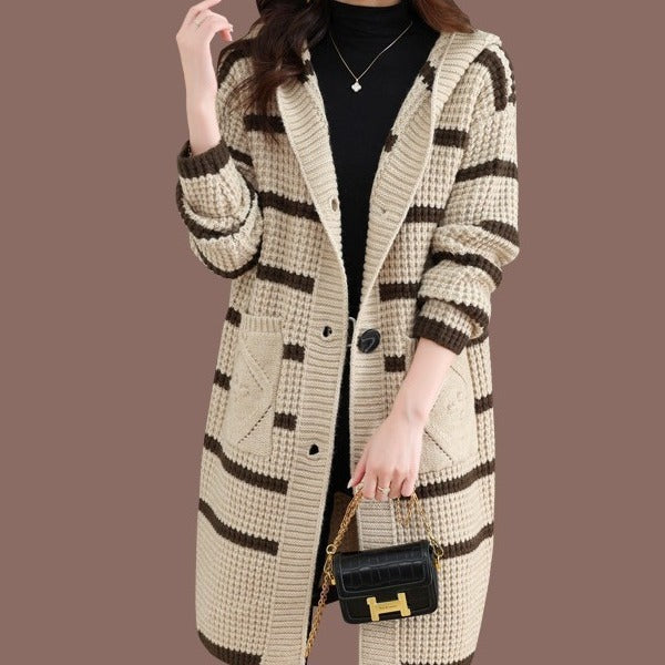 Damen lange Strickjacke mit Kapuze und gestreiftem Muster Drune