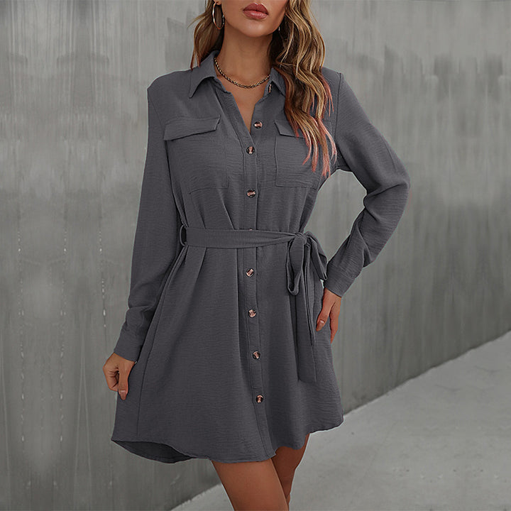 Damen Lockeres Hemdblusen-Minikleid mit Taillengürtel und aufgesetzten Brusttaschen Drune