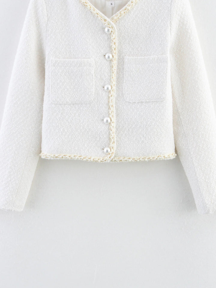 Damen elegante Kurzarmpulloverjacke mit perlverzierten Knöpfen und aufgesetzten Taschen Drune