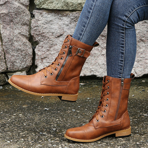 Damen nan knöchelhohe Schnürstiefel aus Lederimitat mit seitlichem Reißverschluss und strapazierfähiger Profilsohle Drune