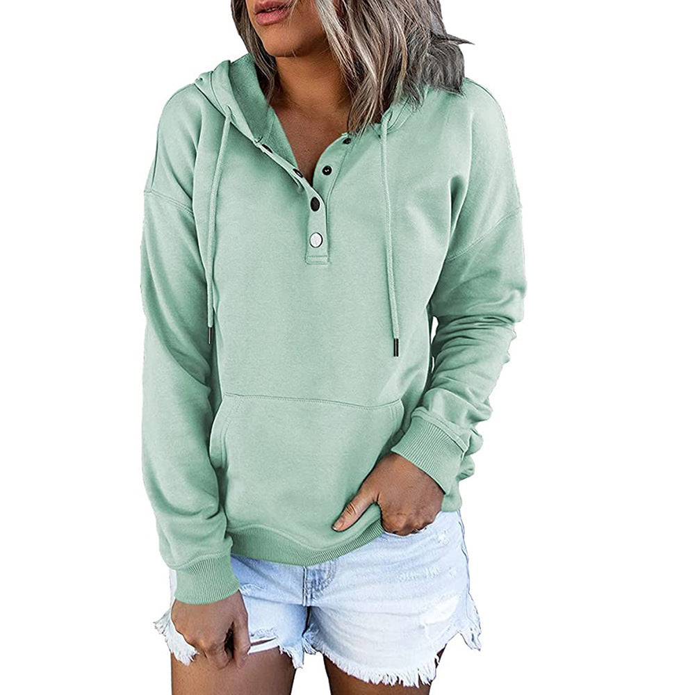 Damen Kapuzenpullover mit Henley-Knopfleiste, Kängurutasche und lockerer Passform Drune