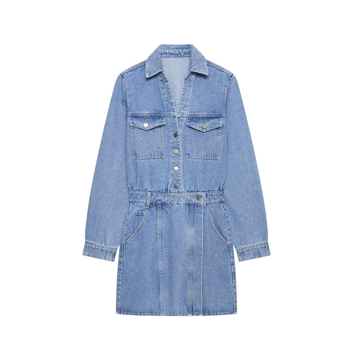 Damen Jeanskleid mit Hemdblusenkragen Taillengürtel und aufgesetzten Taschen Drune