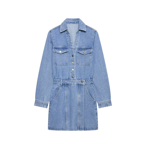 Damen Jeanskleid mit Hemdblusenkragen Taillengürtel und aufgesetzten Taschen Drune