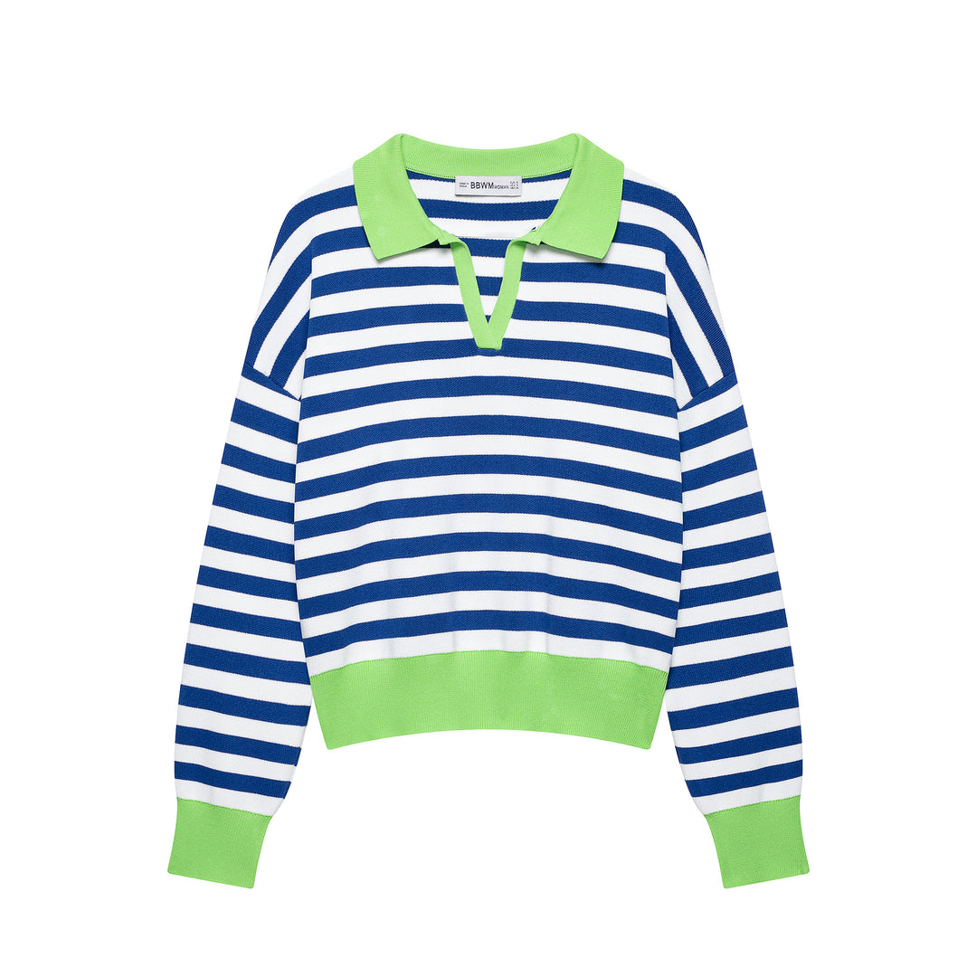 Damen Gestreifter Cropped‑Polo‑Pullover aus Feinstrick mit Ballonärmeln Drune
