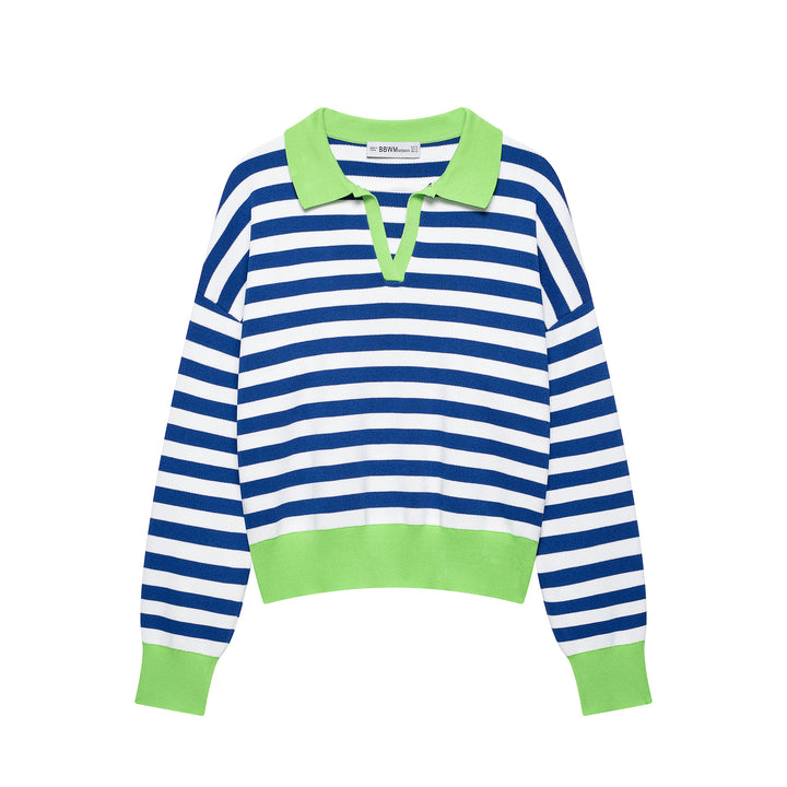 Damen Gestreifter Cropped‑Polo‑Pullover aus Feinstrick mit Ballonärmeln Drune