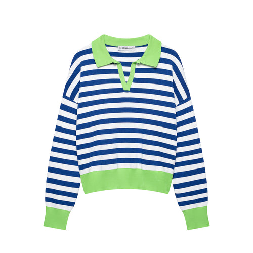 Damen Gestreifter Cropped‑Polo‑Pullover aus Feinstrick mit Ballonärmeln Drune