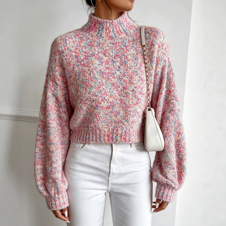 Damen Kurzgeschnittener Oversize-Pullover mit Stehkragen, mehrfarbigem Bouclé-Muster und Ballonärmeln Drune