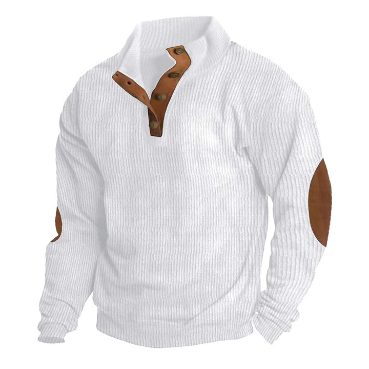Herren Gerippter Henley-Pullover mit Stehkragen, Knopfleiste & Leder-Ellbogenpatches Drune