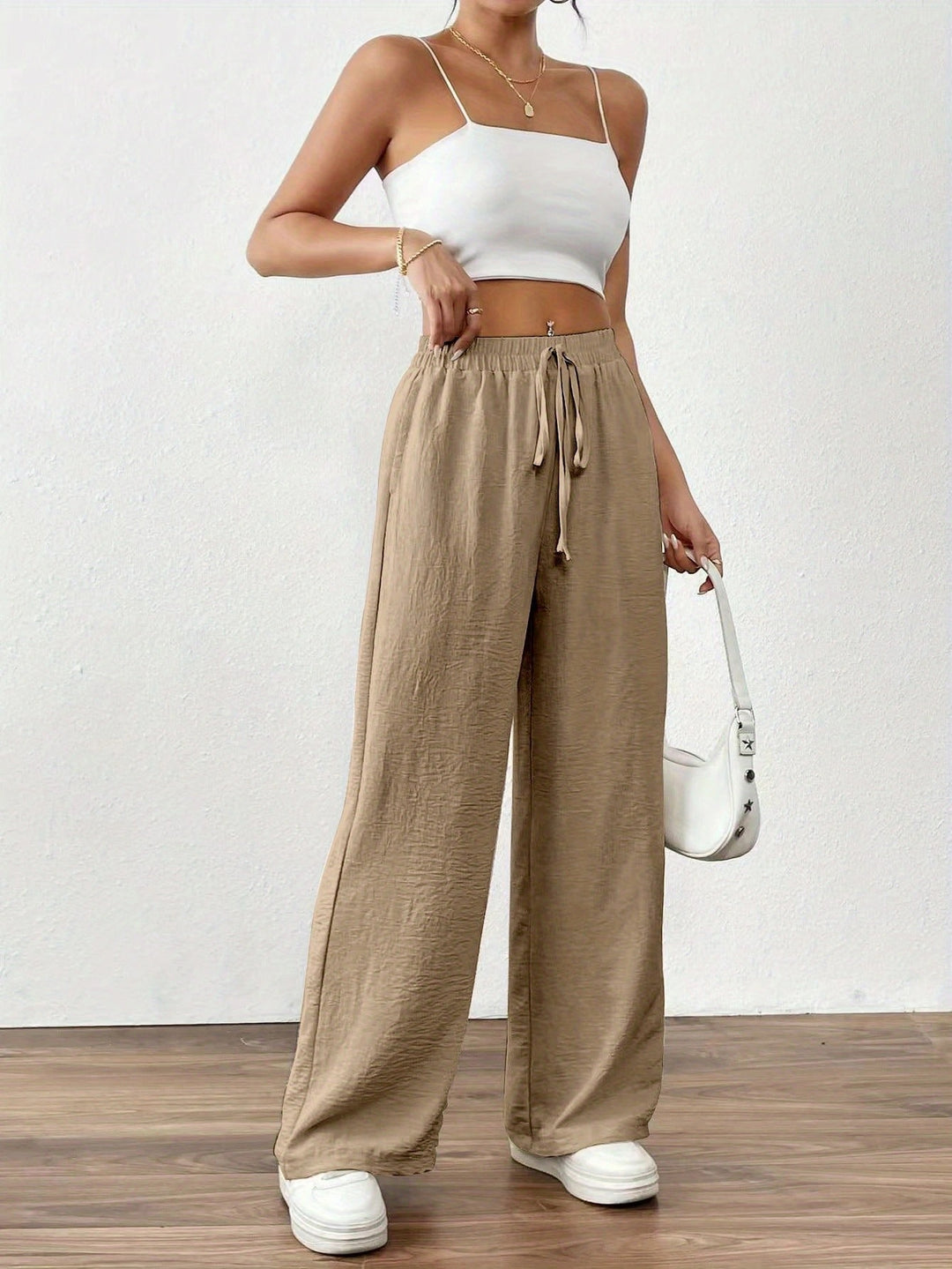Damen weite Palazzo-Hose mit elastischem Bund und taillierbarem Kordelzug Drune