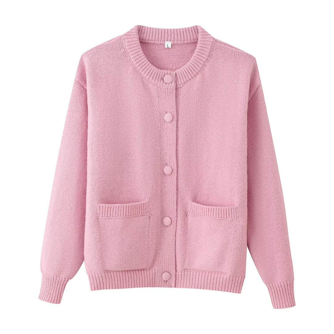 Damen 200+ Oversize Strickcardigan mit Rundhalsausschnitt, bezogenen Knöpfen und aufgesetzten Taschen Drune