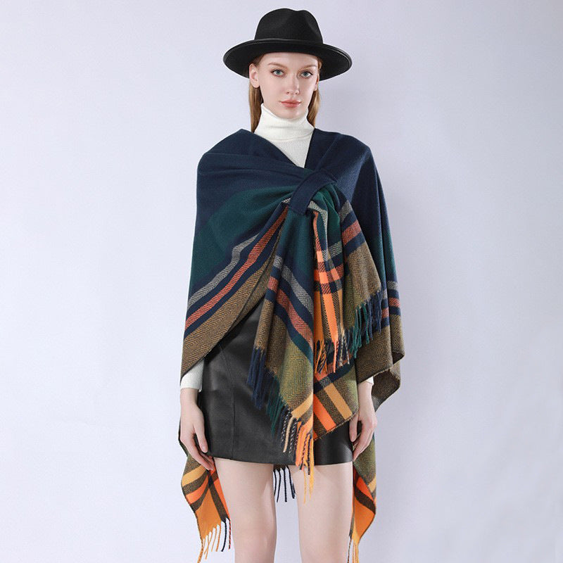 Damen Oversize‑Poncho‑Überwurf mit Tunnelzug, Karomuster und Fransensaum Drune