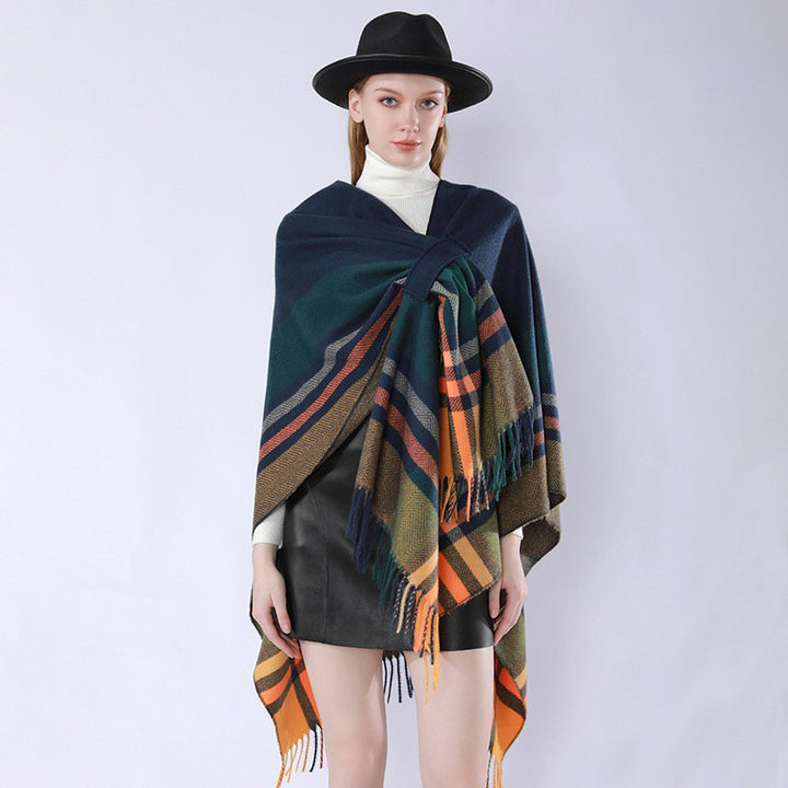 Damen Oversize‑Poncho‑Überwurf mit Tunnelzug, Karomuster und Fransensaum Drune
