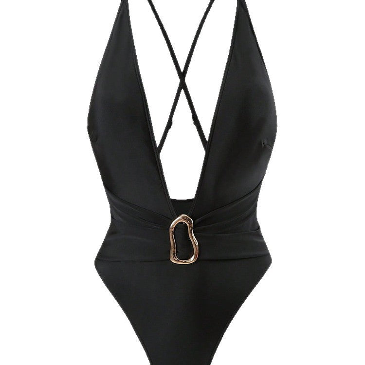 Damen Einteiler Badeanzug mit tiefem V-Ausschnitt und stilvollem Ringdetail Drune