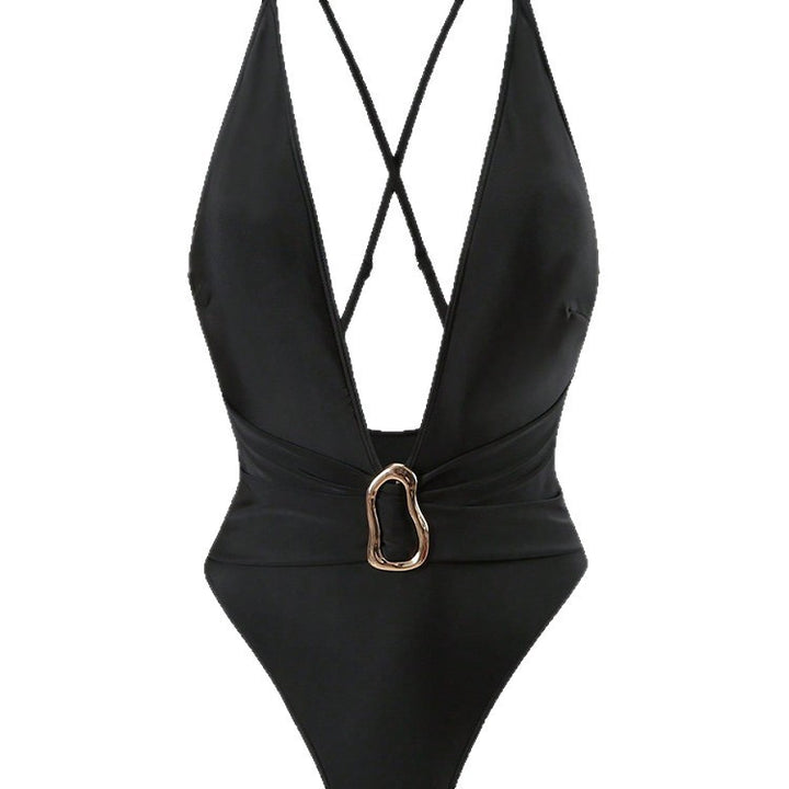 Damen Einteiler Badeanzug mit tiefem V-Ausschnitt und stilvollem Ringdetail Drune