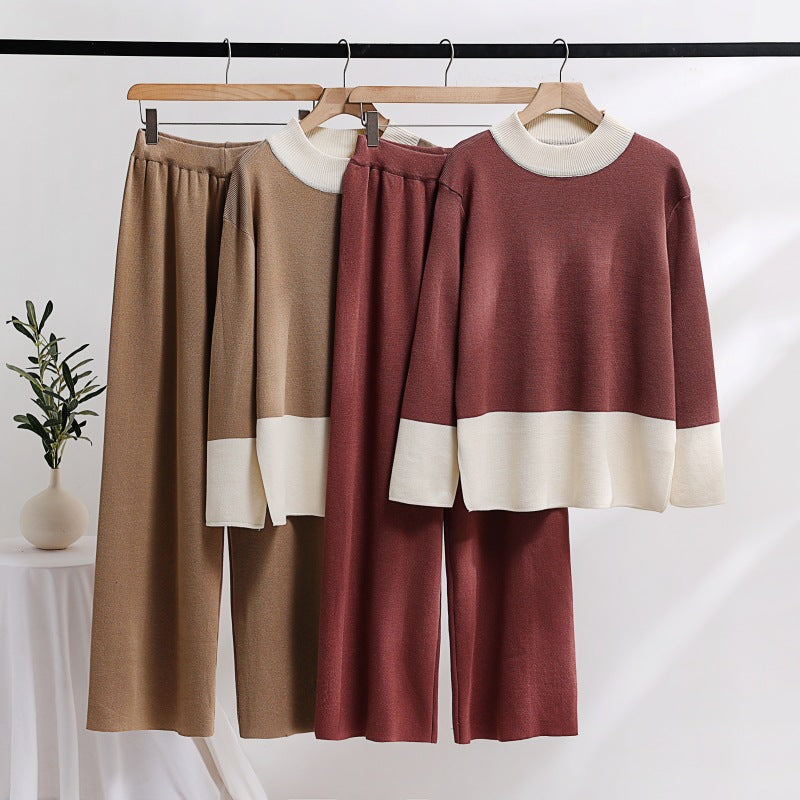 Damen elegantes Strick-Loungewear-Set mit weitem Bund und dekorativem Kragen Drune