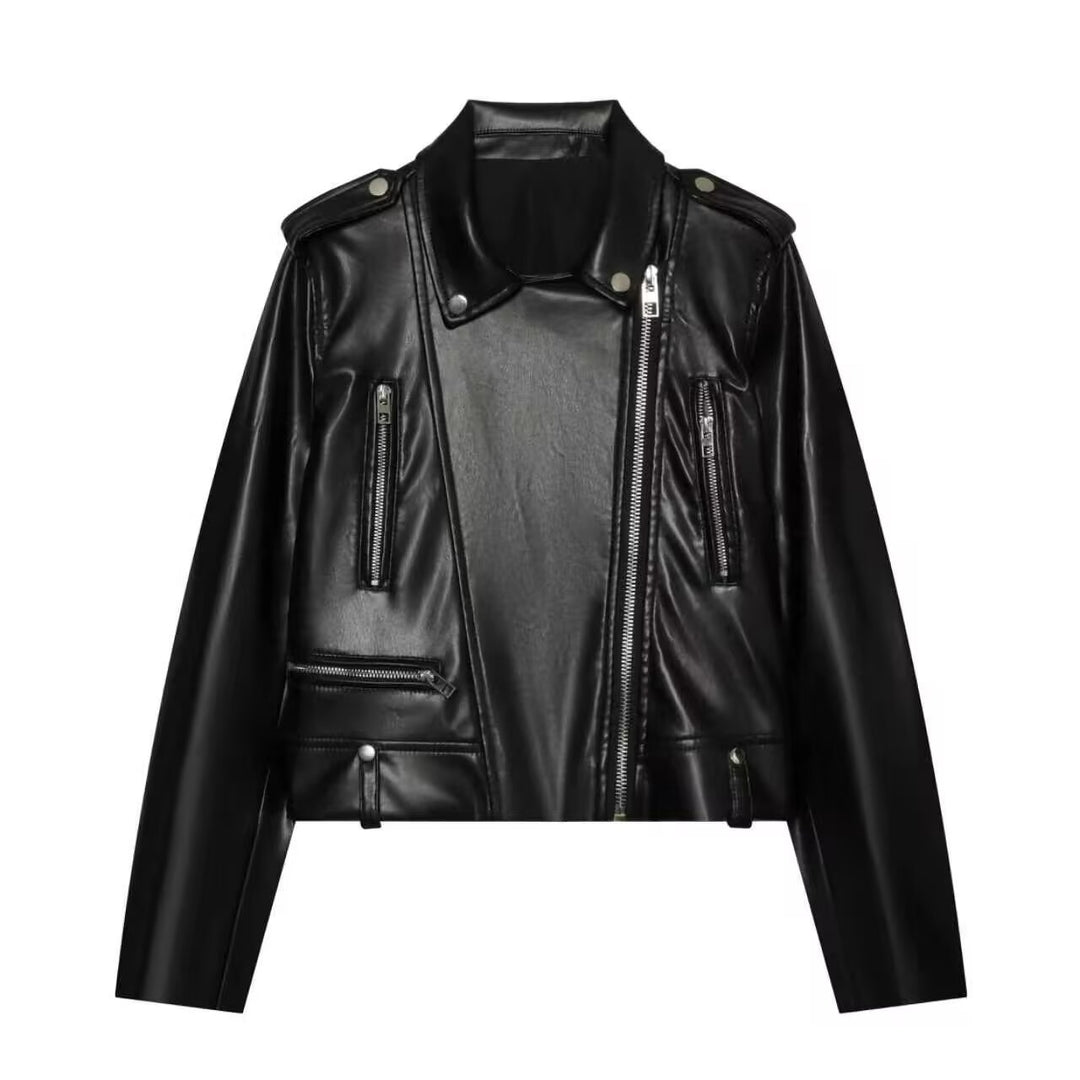 Damen Kurz geschnittene Bikerjacke aus Kunstleder mit asymmetrischem Reißverschluss und Schulterklappen Drune