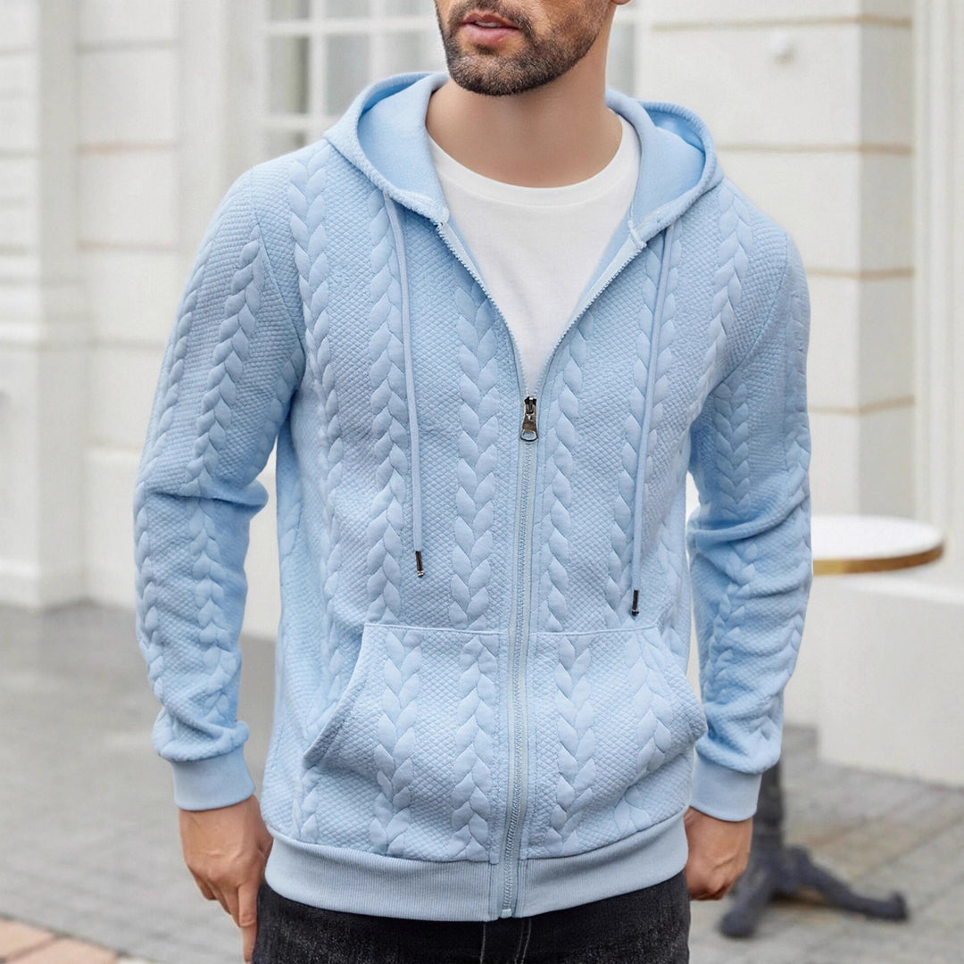 Herren strukturierte Kapuzen-Sweatjacke mit Zopfmuster, durchgehendem Reißverschluss und Kängurutasche Drune