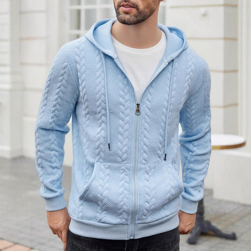 Herren strukturierte Kapuzen-Sweatjacke mit Zopfmuster, durchgehendem Reißverschluss und Kängurutasche Drune
