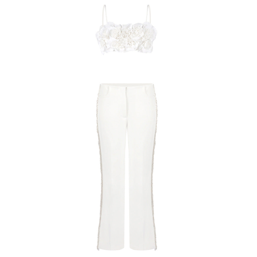 Damen elegantes Oberteil mit floralen Applikationen und schmalem Hosenanzug Drune