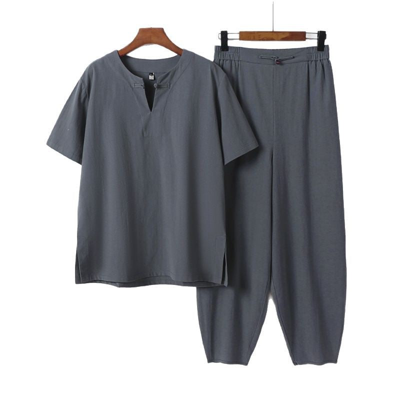 Herren Zweiteiliges Set mit Kurzarm-Stehkragenhemd und elastischer Haremshose Drune