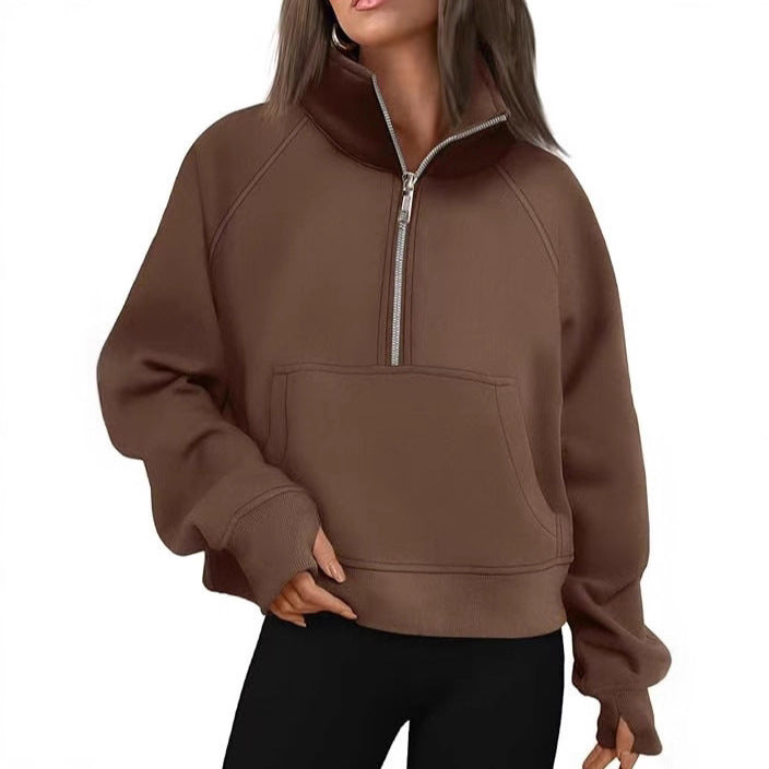 Damen nan oversized Halbzip Pullover mit Kängurutasche, Daumenlöchern und hohem Kragen Drune
