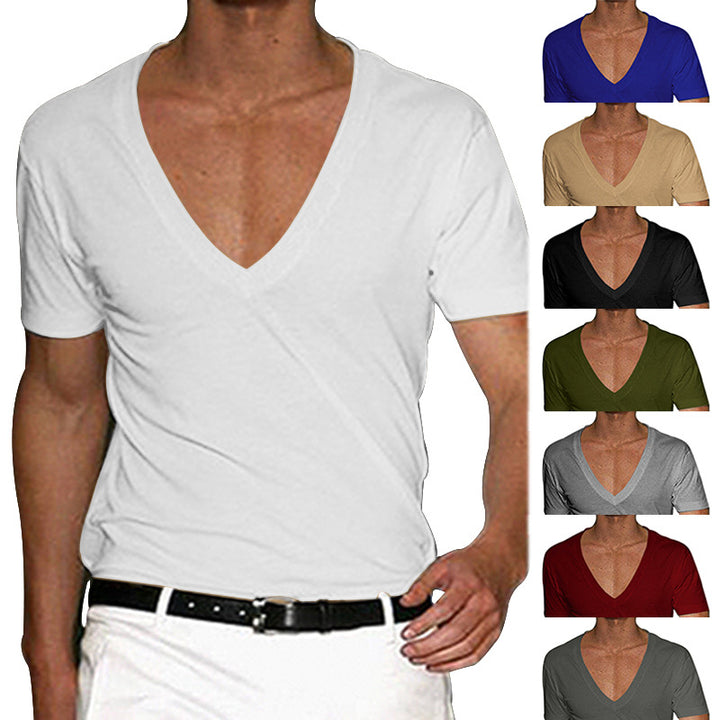 Herren nan tief ausgeschnittenes V-Ausschnitt Kurzarmshirt aus Baumwollstretch mit tailliertem Schnitt Drune