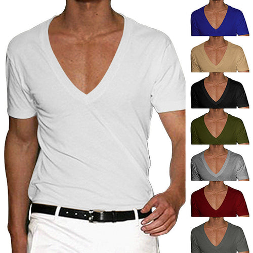 Herren nan tief ausgeschnittenes V-Ausschnitt Kurzarmshirt aus Baumwollstretch mit tailliertem Schnitt Drune
