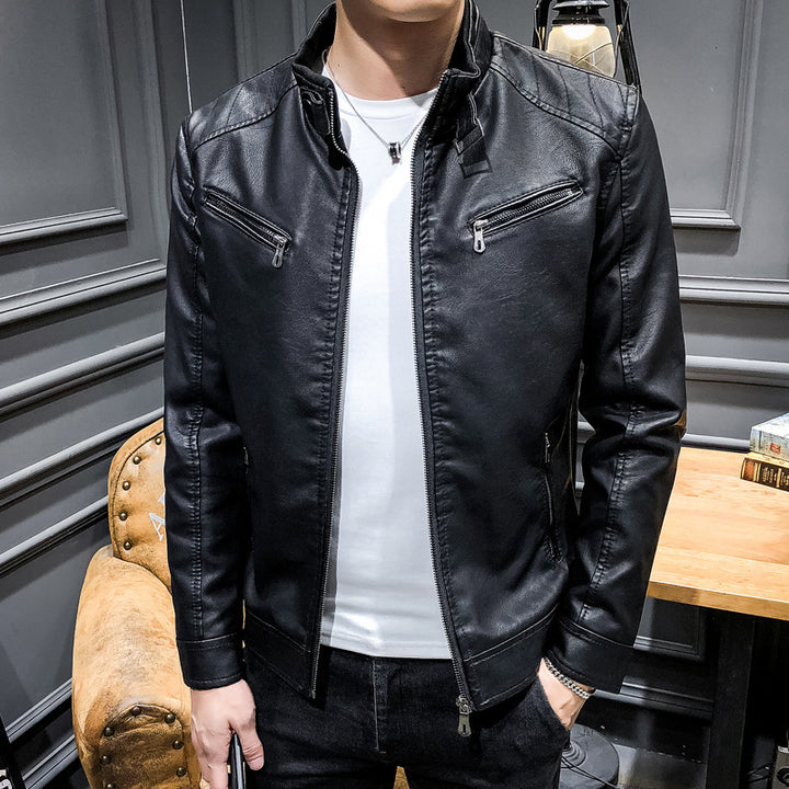 Herren Slim-Fit Kunstleder‑Racerblouson mit Stehkragen und Reißverschluss‑Brusttaschen Drune