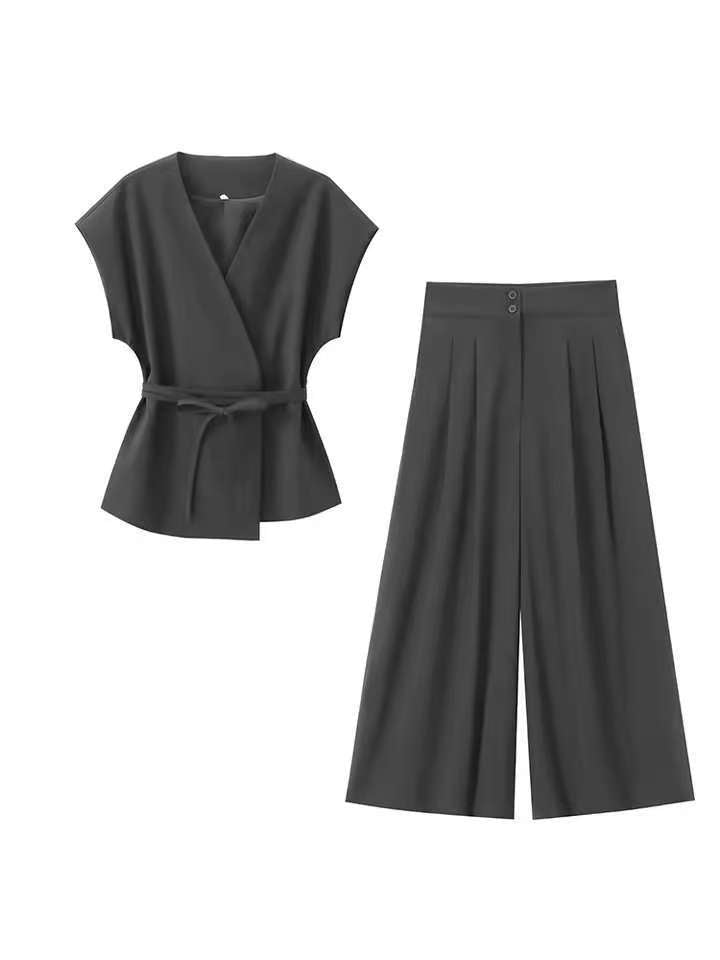 Damen elegantes Wickeloberteil und weite Palazzo-Hose Set Drune