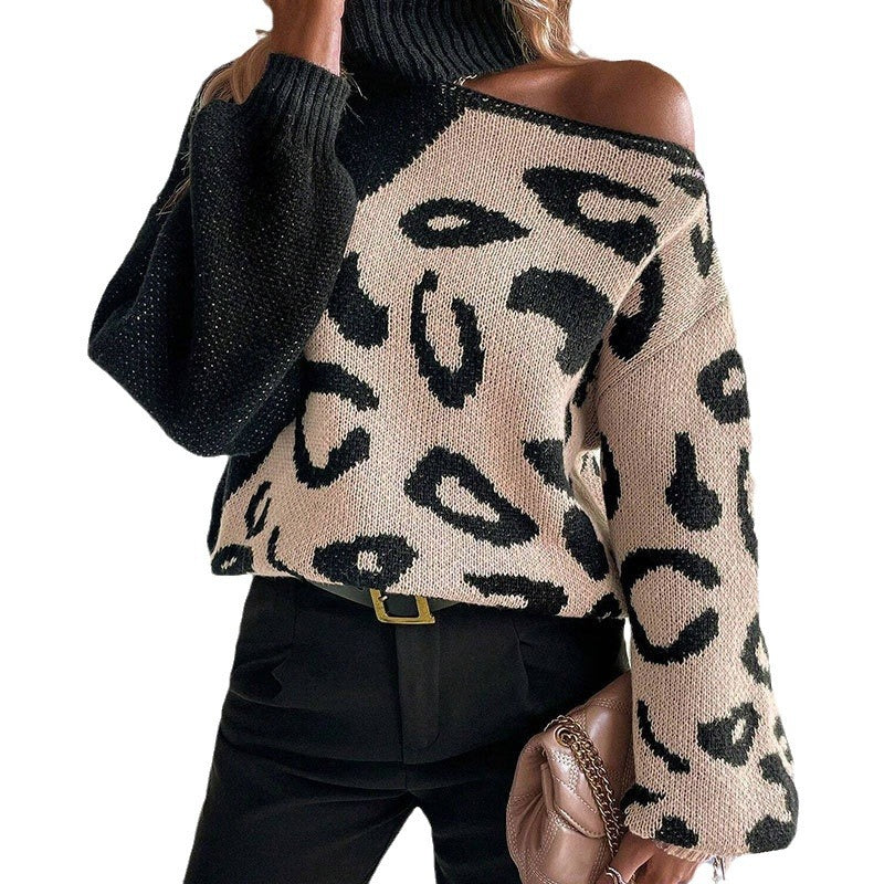 Damen Strickpullover mit modischem Leopardenmuster und steigendem Kragen Drune