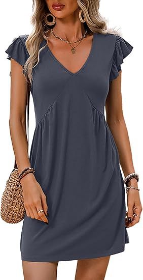 Damen V-Ausschnitt Sommerkleid mit Rüschenelementen Drune