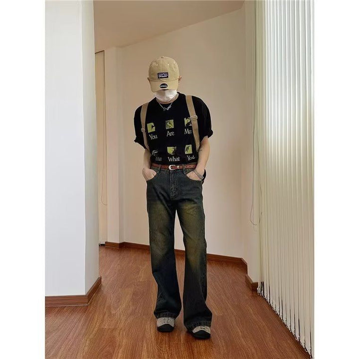 Herren Schlagjeans aus Denim mit hohem Bund und Vintage-Waschung