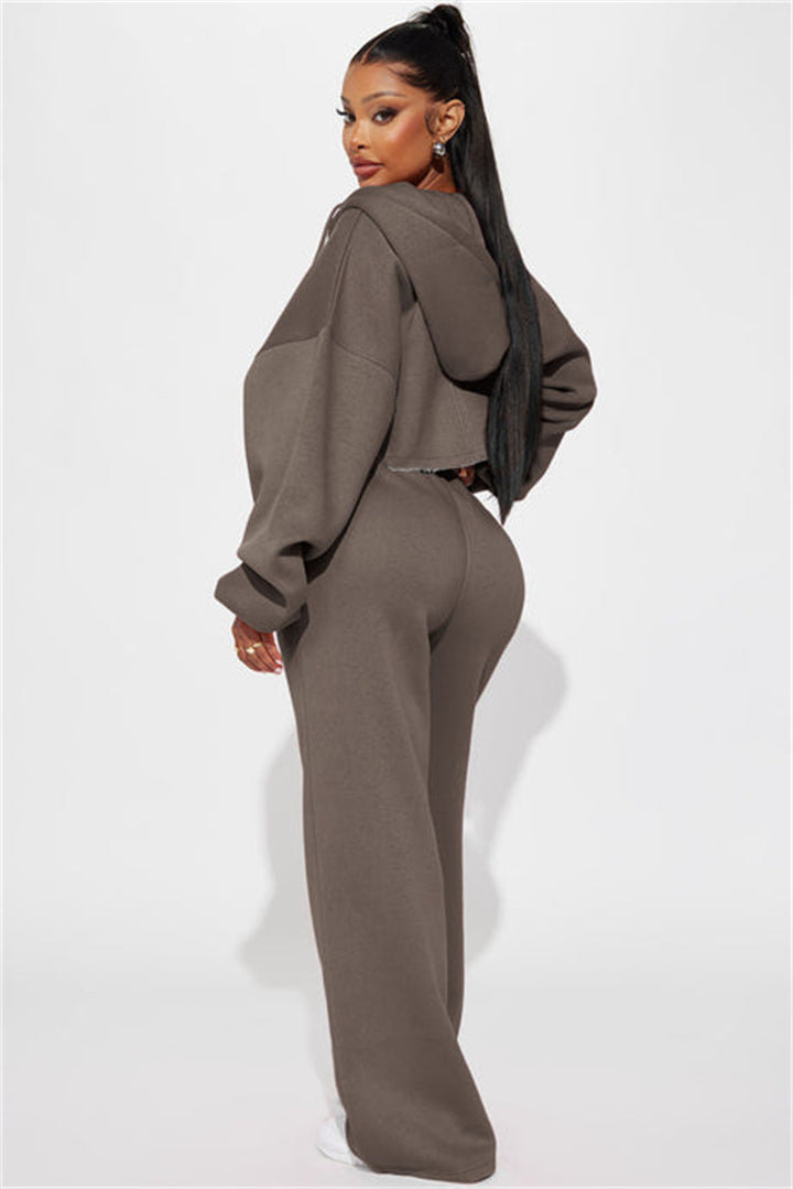 Damen lässiges Oversized Cropped-Set mit Reißverschluss und weitem Beinen Drune