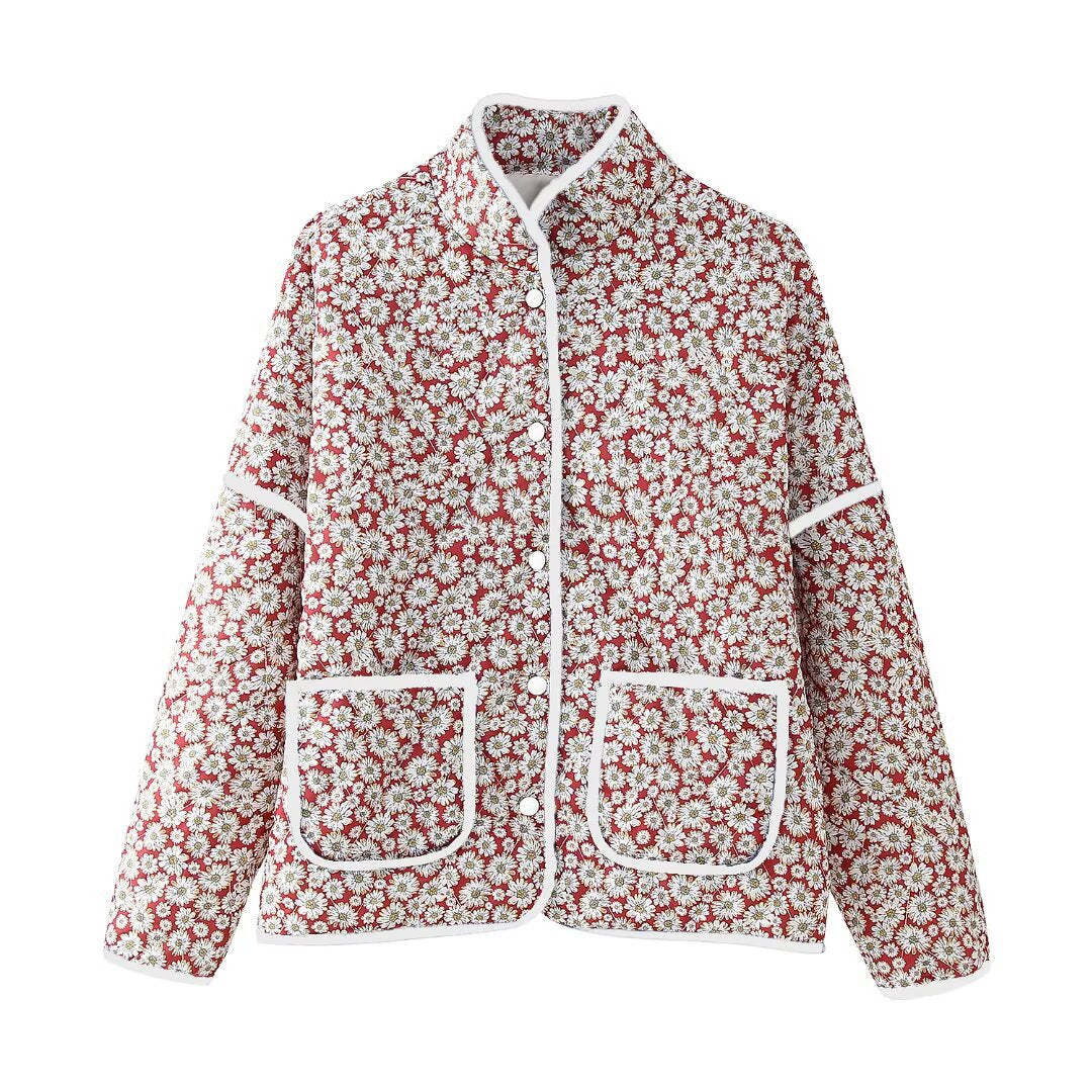 Damen Blütenmuster Jacke mit praktischen Taschen und elegantem Kragen Drune