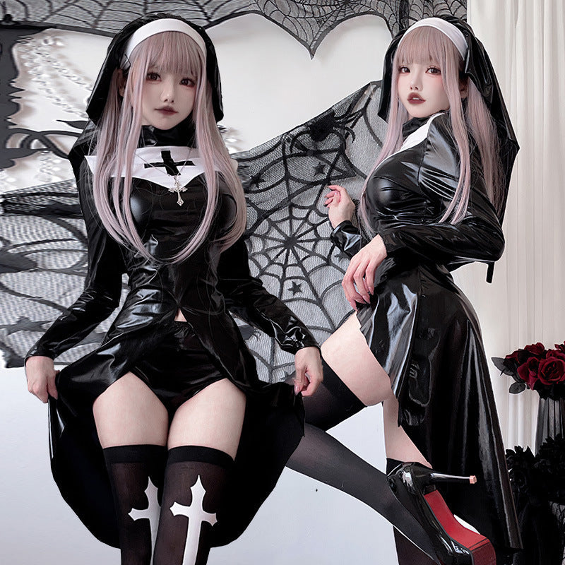 Damen Gothic Nonnenkostüm mit ausdrucksstarkem Design und transparentem Überrock Drune
