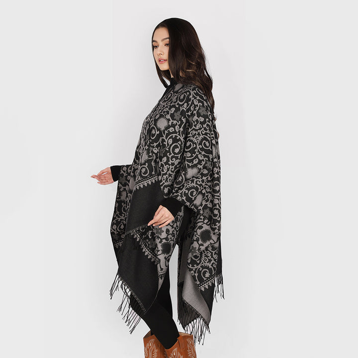 Damen Jacquard-Ruana mit ornamentalem Bordürenmuster und Fransensaum Drune